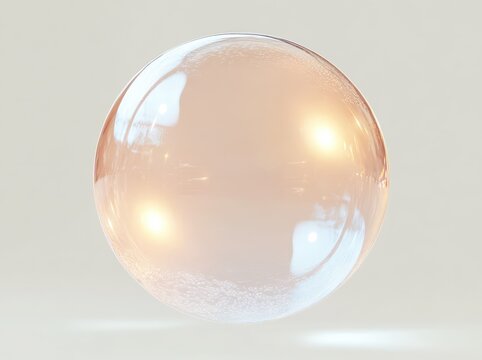 single translucent glass sphere floating against a neutral backdrop with warm glowing reflections, tiny interior bubbles and a serene minimalist feel