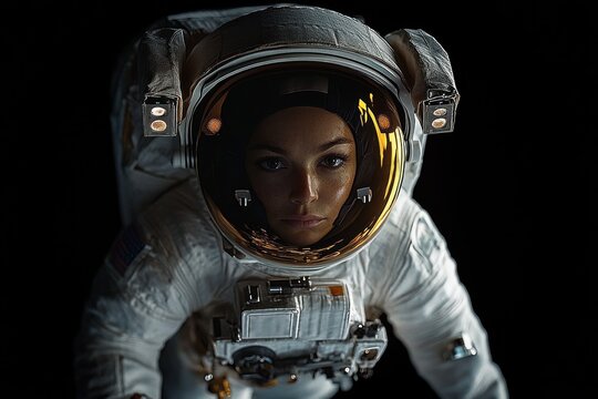 Solitary astronaut in white spacesuit with reflective gold visor and chest control unit floating against black space background, conveying focus and quiet determination