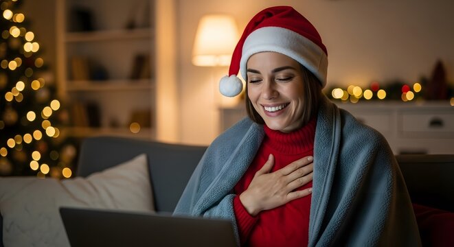 Happy Woman in Santa Hat Surprised by Virtual Christmas Video Call Joyful Holiday