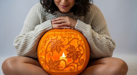 Woman in cozy sweater holding a carved halloween pumpkin with candle light in a festive autumn scene