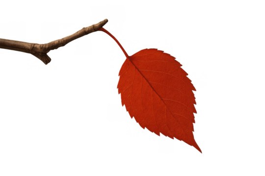 Last red autumn leaf clinging to a bare branch before falling, symbolizing seasonal change and fragility on transparent background