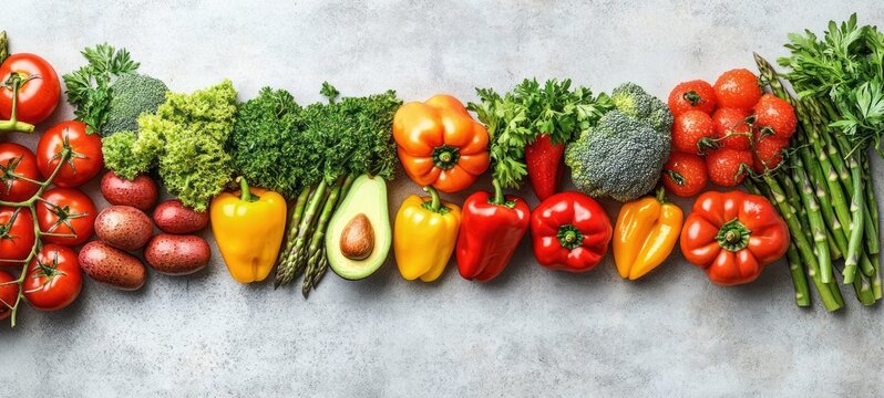 Bright fresh arrangement of vegetables: vine and cherry tomatoes, red potatoes, curly lettuce and parsley, broccoli, yellow orange and red bell peppers, avocado half and asparagus, vibrant and healthy