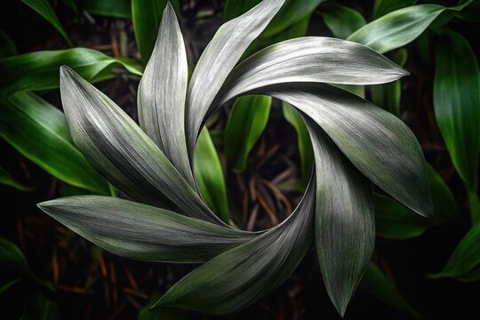 spiral of silvery green leaves forming a hypnotic circular pattern against a dark background, serene and mysterious mood