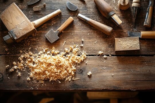 rustic wooden workbench scattered with wood shavings, carving chisels, mallet and hand tools bathed in warm light, evoking focused craftsmanship and a cozy workshop atmosphere