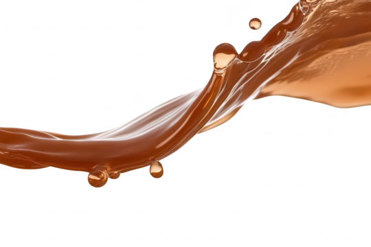A smooth wave of rich brown liquid gracefully flows against a clean white background. capturing the essence of fluid motion. ideal for culinary or beverage-related imagery