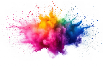 A explosion of colorful powder bursts against a white background. creating a dynamic and energetic visual effect. ideal for artistic projects or celebrations