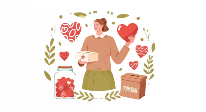 Encouraging generosity, a woman promotes love and charity by collecting donations in a jar and boxes, fostering a culture of care and support