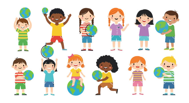 Diverse children joyfully embracing globes, promoting global awareness and education in a vibrant and playful style, perfect for educational materials