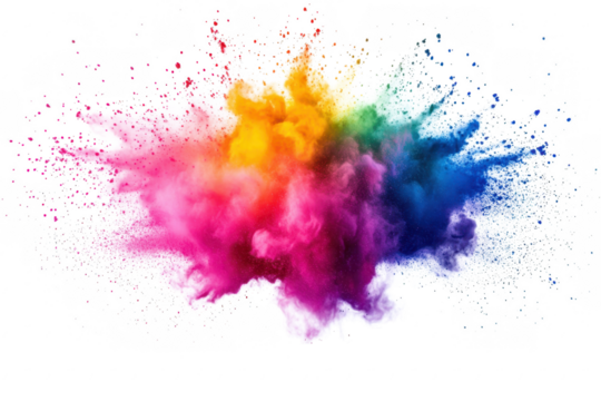 A explosion of colorful powder bursts against a white background. creating a dynamic and energetic visual effect. ideal for artistic projects or celebrations