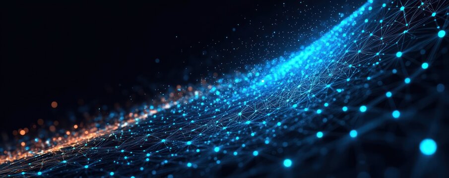 glowing blue network mesh and nodes forming a flowing wave with orange light sparks on a dark background, futuristic and dynamic