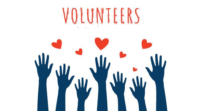 Inspiring volunteers reaching for hearts, perfect for charity campaigns and community outreach, promoting unity and support, inspiring social change with open arms