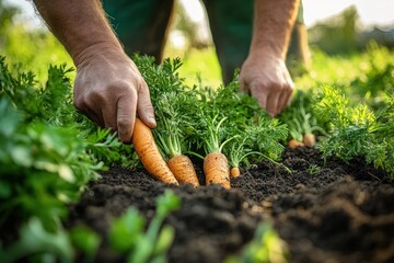 hands gently harvesting fresh carrots from rich dark soil in a sunlit garden, earthy satisfaction and care
