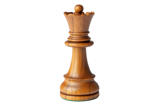 A beautifully crafted wooden chess queen piece stands elegantly against a plain white background. its intricate details and smooth finish. perfect for promotional or educational materials