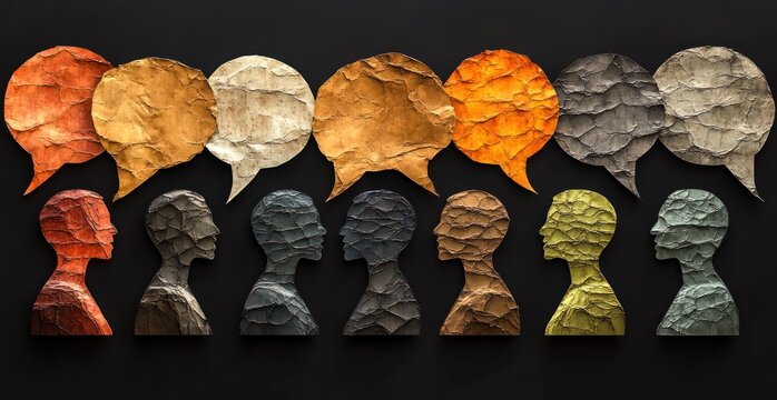 Textured multicolored paper silhouettes of human profiles with matching cracked speech bubbles on dark background conveying dialogue and thoughtful exchange