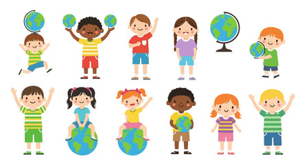 Diverse children embracing global learning and awareness, celebrating cultural diversity, educational resources, and world exploration with cute cheerful characters