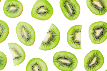 Freshly sliced kiwi fruit arranged artistically on a clean white background. their green color and unique texture. ideal for culinary presentations or health-related content
