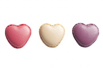 A trio of heart-shaped macarons in pink. cream. and purple colors arranged symmetrically on a clean white background. perfect for dessert promotions or Valentines Day celebrations