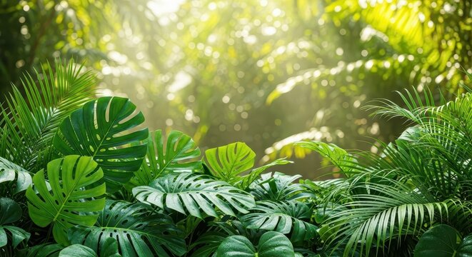 Lush green foliage of tropical plants fills the foreground under bright sunlight filtering through the canopy