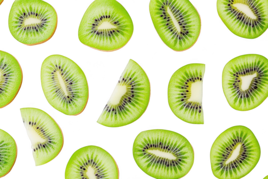 Freshly sliced kiwi fruit arranged artistically on a clean white background. their green color and unique texture. ideal for culinary presentations or health-related content