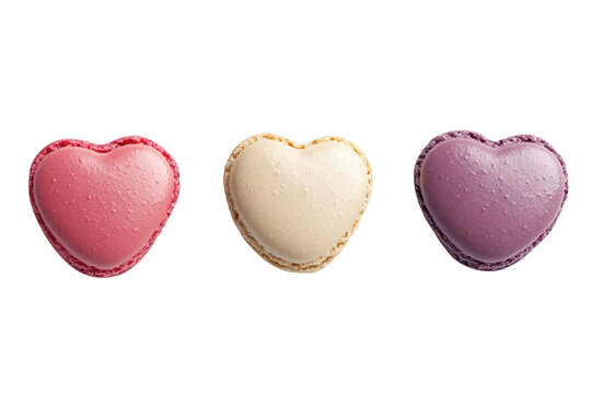 A trio of heart-shaped macarons in pink. cream. and purple colors arranged symmetrically on a clean white background. perfect for dessert promotions or Valentines Day celebrations