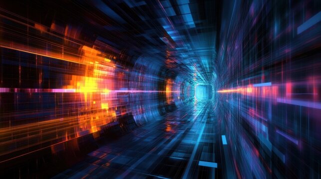 Futuristic neon data tunnel with glowing blue and orange light streaks conveying speed and immersive energy
