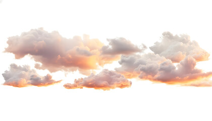 A collection of fluffy clouds with orange and pink hues against a bright white background sky view