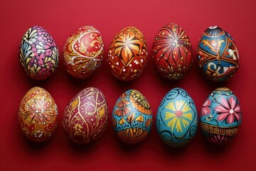 Eleven hand-painted decorative eggs with intricate floral and geometric patterns arranged in two rows on a red background, bright festive and cheerful