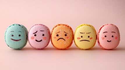 Five pastel macarons with expressive faces showing happy, shy, sad, angry and content emotions on a soft pink background