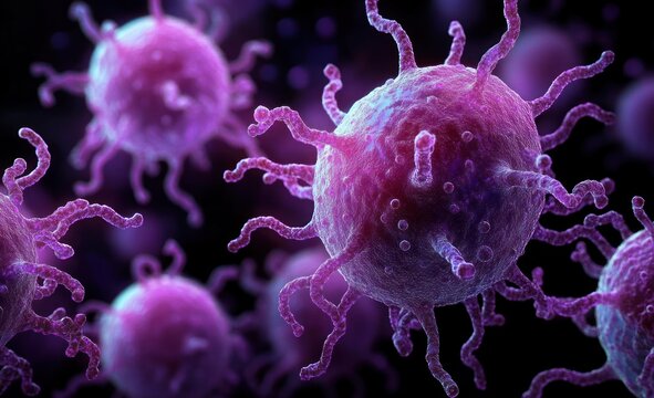 Ominous cluster of magnified purple spherical pathogens with tentacle-like spikes floating in dark microscopic space