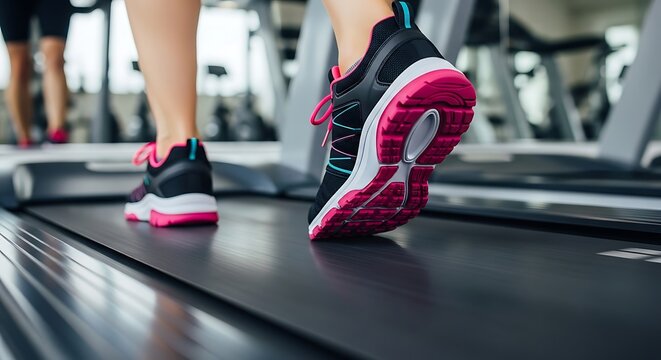Feet of woman in sneakers training on treadmill in gym close-up
- Powered by Adobe