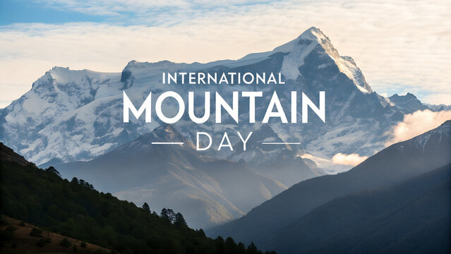 International Mountain Day alpine wilderness panorama with snow forest and cloudy sky in winter morning light