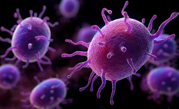 Close-up of glowing purple spherical virus particles with spiky tentacle-like protrusions against a dark background, evoking an ominous and menacing atmosphere