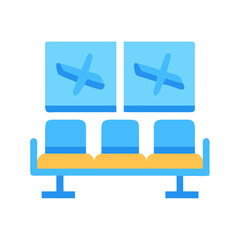 Airport waiting area with chairs and airplane pictograms