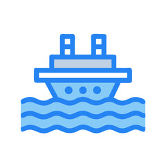 Blue cartoon cruise ship sailing over waves on black