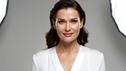 Portrait of a woman with brown hair, in a white top, studio lit, with a gentle smile