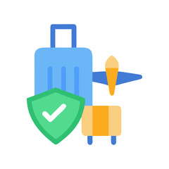 Travel insurance concept featuring luggage, plane and security shield