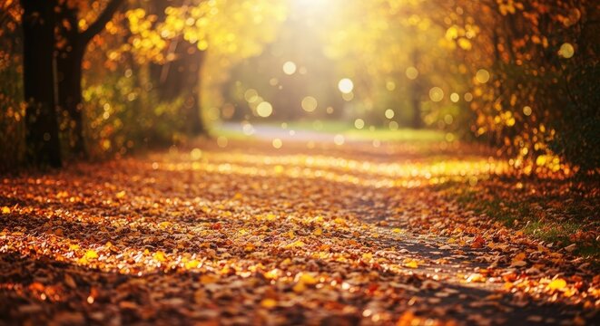 Autumn leaves on a path in a park.