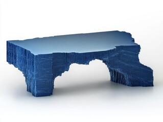 blue textured stone slab with carved archways and rough edges, resembling an isolated surreal plateau or bridge, mysterious and contemplative on a clean white background