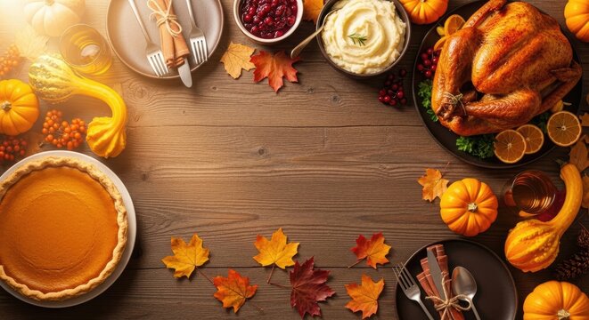A Thanksgiving table setting with a roasted turkey, pumpkin pie, and various side dishes.