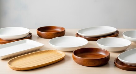 A variety of wooden and ceramic plates and bowls on a wooden table.