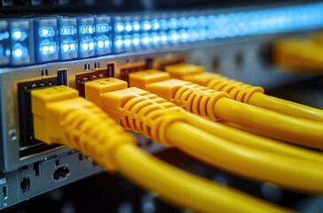 Close-up of yellow ethernet cables plugged into a network switch with glowing blue status lights conveying efficient reliable connectivity and organized infrastructure