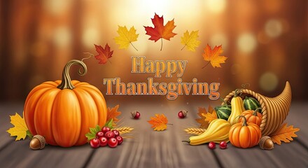 A wooden table with a cornucopia of autumnal fruits and vegetables, including pumpkins, gourds, and berries, against a warm, blurred background with autumn leaves and a golden glow.