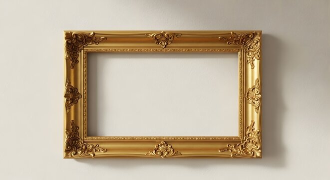 Golden vintage antique classic picture frame on a white wall. 3d rendering mock up