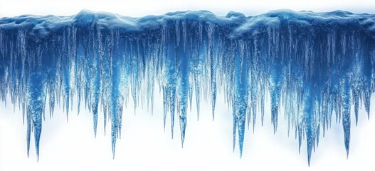 blue icicles hanging from a snow-covered ridge with frosty crystalline textures against a white background, evoking a crisp cold and serene winter atmosphere