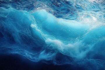 Swirling deep blue ocean water with foamy bubbles and sunlight filtering through, dramatic and mesmerizing underwater motion