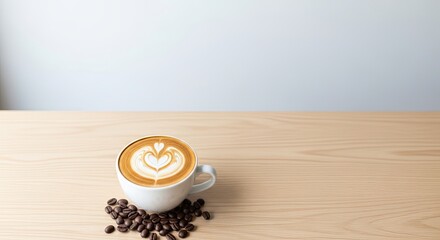 A white coffee cup with a heart-shaped latte art design on a wooden table with coffee beans.