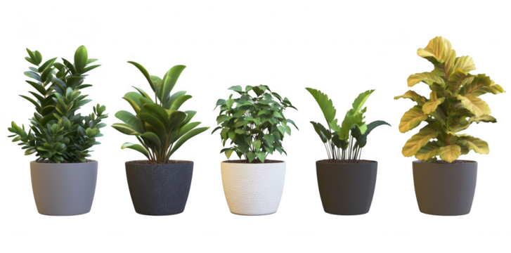 A display of five diverse indoor plants in stylish pots. various foliage textures and colors. set against a clean. minimalistic background ideal for home decor inspiration