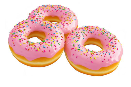 Three delicious pink frosted donuts topped with colorful sprinkles arranged artistically on a clean white background. perfect for food photography or dessert menus - Powered by Adobe