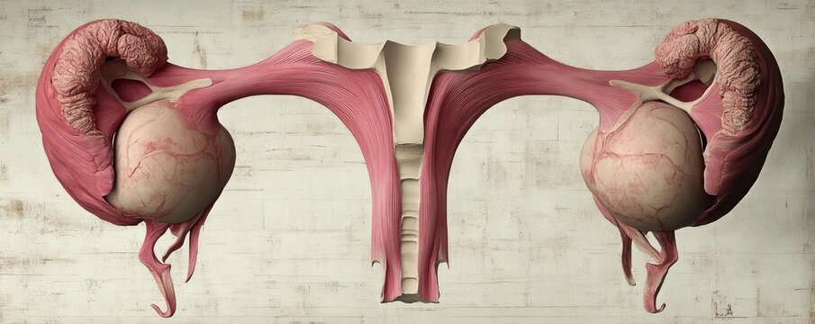 detailed anatomical illustration of the female reproductive system showing uterus, cervix, fallopian tubes and ovaries with textured muscles and vessels, clinical contemplative mood