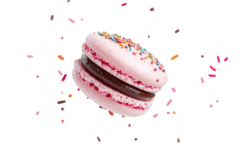 A pink macaron with chocolate filling is suspended in mid-air. surrounded by colorful sprinkles. creating a playful and festive atmosphere perfect for dessert-themed promotions